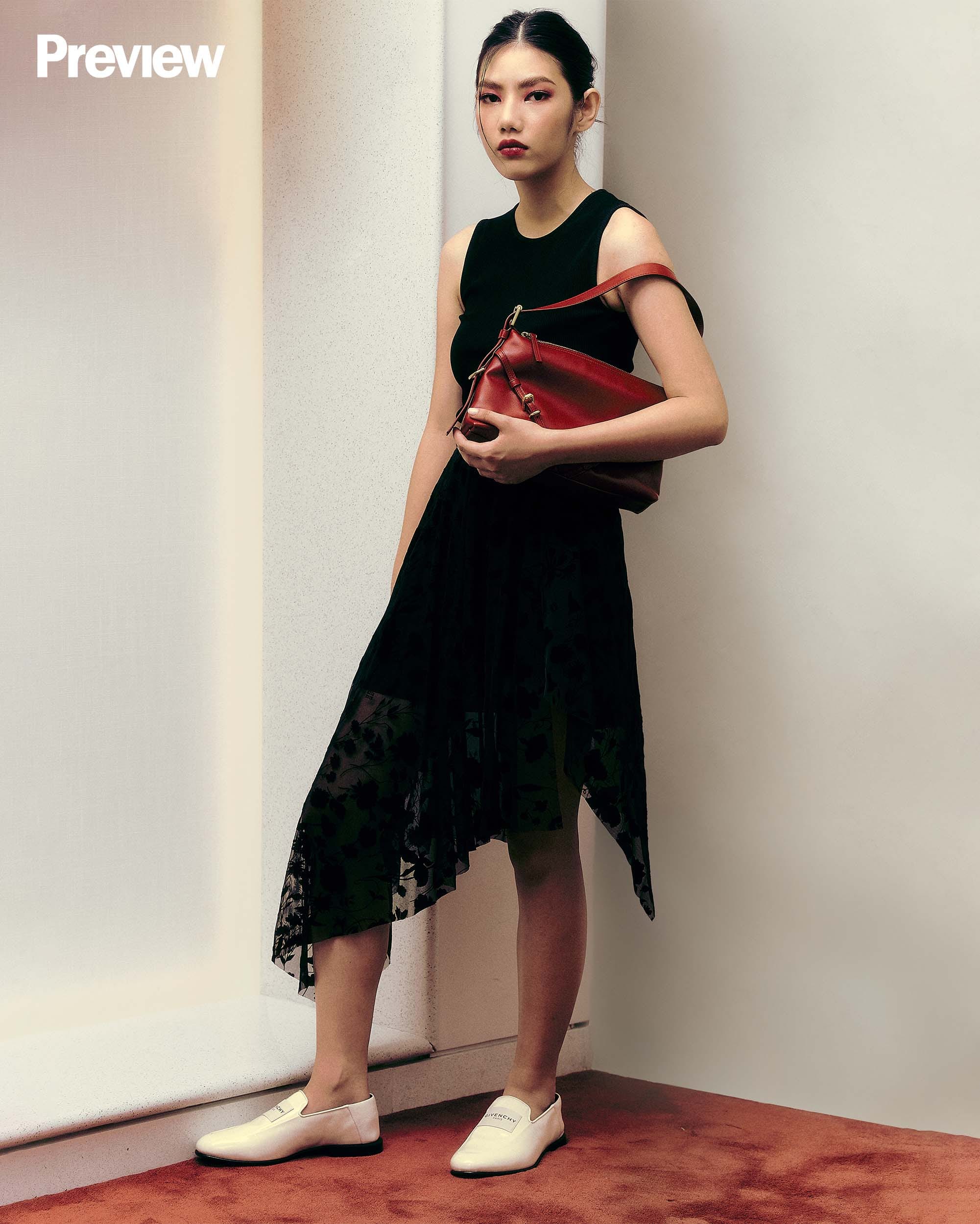 ON FRANCHESKA: Black dress, P148,500. Voyou mini - Dark red, P135,000. Ivory loafers, P65,000. GIVENCHY, Greenbelt 4.